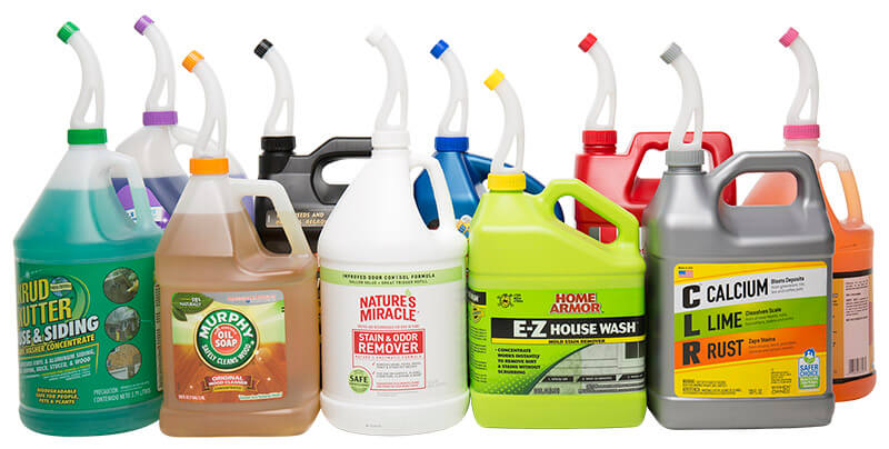 The No Spill Spout help pour liquid from 185 different brands of detergents, bleaches, radiator coolant, solvents and cleaning products