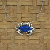 Crab necklace / pin - surgical steel with blue enamled shell and removable neck wire