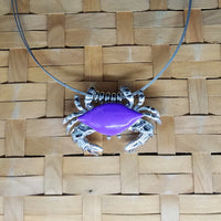 Crab necklace / pin - surgical steel with purple enamled shell and removable neck wire