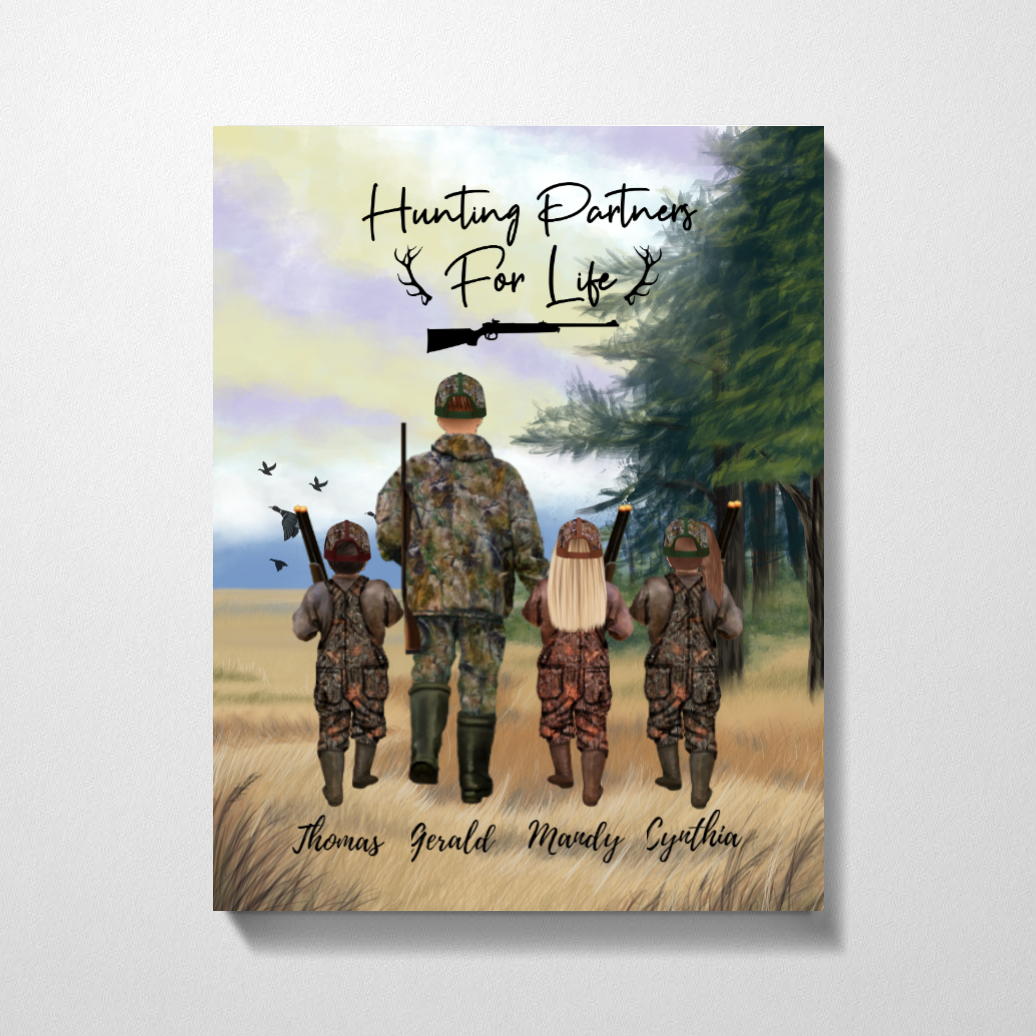 Personalized Canvas, Dad and 3 Kids, Custom Gift for Duck Hunting Lovers