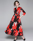 Ink Printed Shirt Collar Slim Maxi Dress