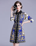 Lapel Long Sleeve Retro Print Loose Dress