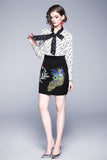 Long Sleeve Print Embroidery High Waist Thin Skirt Dress