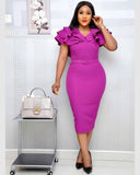 Summer Ruffle Elegant Wine Red Bodycon midi Dress(with belt) S-3XL