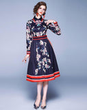 Fashion Print Lapel Long Sleeve Slim Midi Length Dress