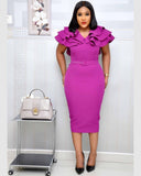 Summer Ruffle Elegant Wine Red Bodycon midi Dress(with belt) S-3XL