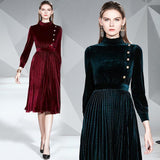 Elegant Velvet long-sleeved Slim Mid-length Pleated Dress