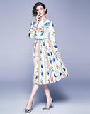 Fashion Print Lapel Slim Long Sleeve Large Swing Dress