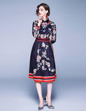 Fashion Print Lapel Long Sleeve Slim Midi Length Dress