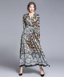 Fashion V-Neck Leopard Print Long Sleeve Dress