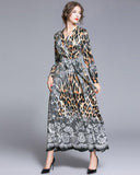 Fashion V-Neck Leopard Print Long Sleeve Dress