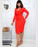 Deep V Neck Long Sleeve Plus Size Midi Dress