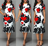 Round Neck Short Sleeve Printed Slim Ruffle Dress