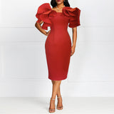 Plus Size Red Ruffles OL Style Midi Dress S-2XL