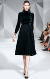 Elegant Velvet long-sleeved Slim Mid-length Pleated Dress