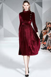 Elegant Velvet long-sleeved Slim Mid-length Pleated Dress