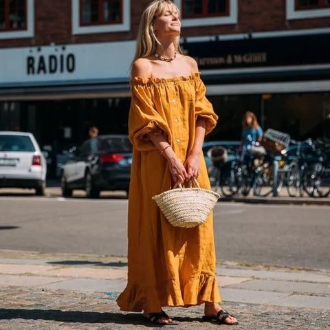 Casual Boat Neck Off-Shoulder Pleated Maxi Dresses