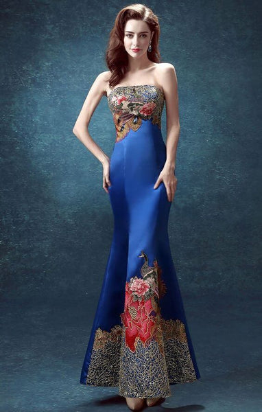 Blue Chinese Dress, Blue Cheongsam Wedding Dresses, East Meets Dress 