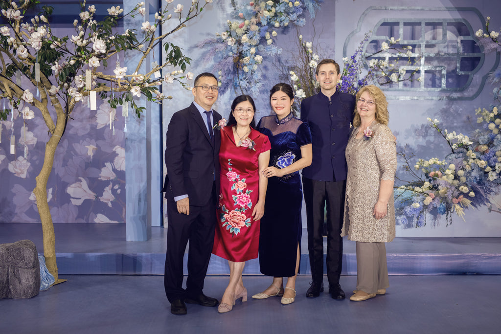 East Meets Dress Modern Blue and Grey Asian American Wedding Theme