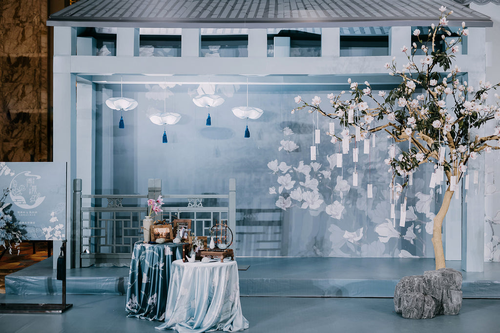 East Meets Dress Modern Blue and Grey Asian American Wedding Theme