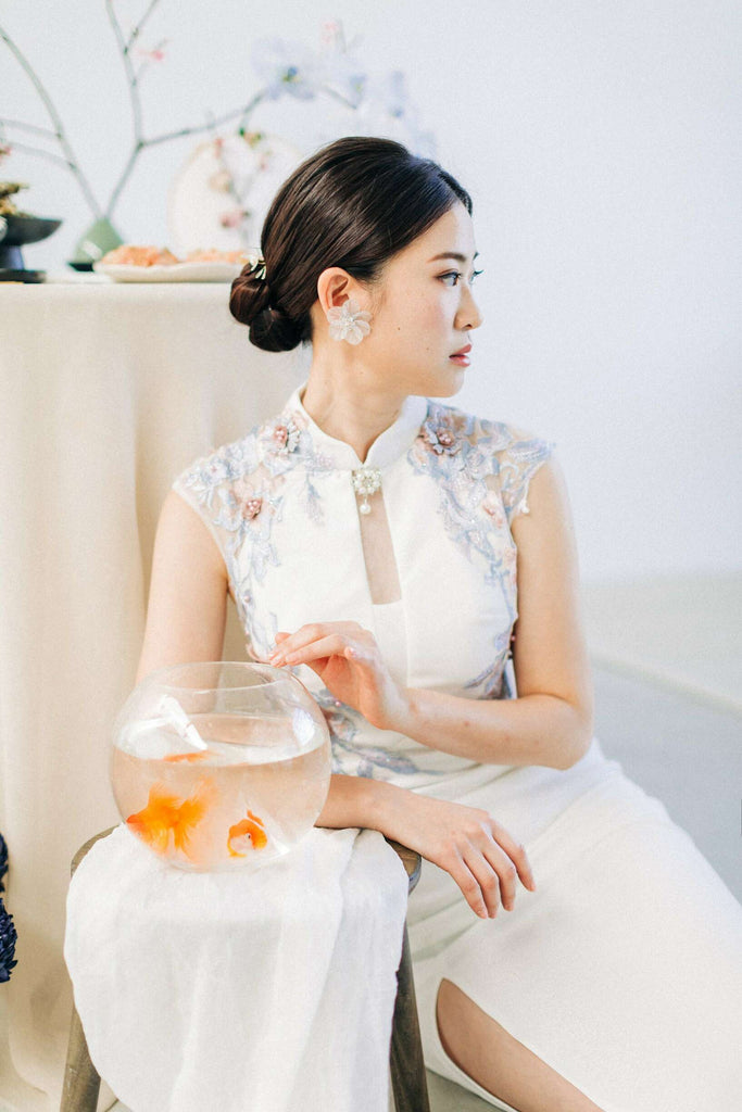 Chinese Wedding Tradition Ideas, Modern White Cheongsam and Koi Fish