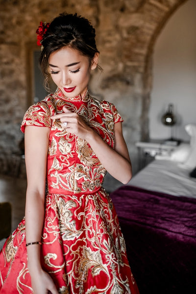 Modern Cheongsam Qipao Dress For Your Chinese Wedding Inspiration, Red Gold Embroidery Dress