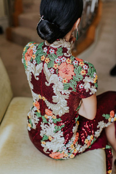 Modern Cheongsam Qipao Dress For Your Chinese Wedding Inspiration, Wine Red Sparkly Chinese Dress