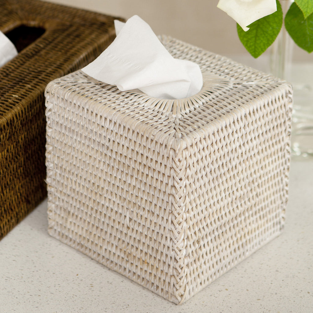 Rattan Tissue Box Cover White Square Alfresco Emporium