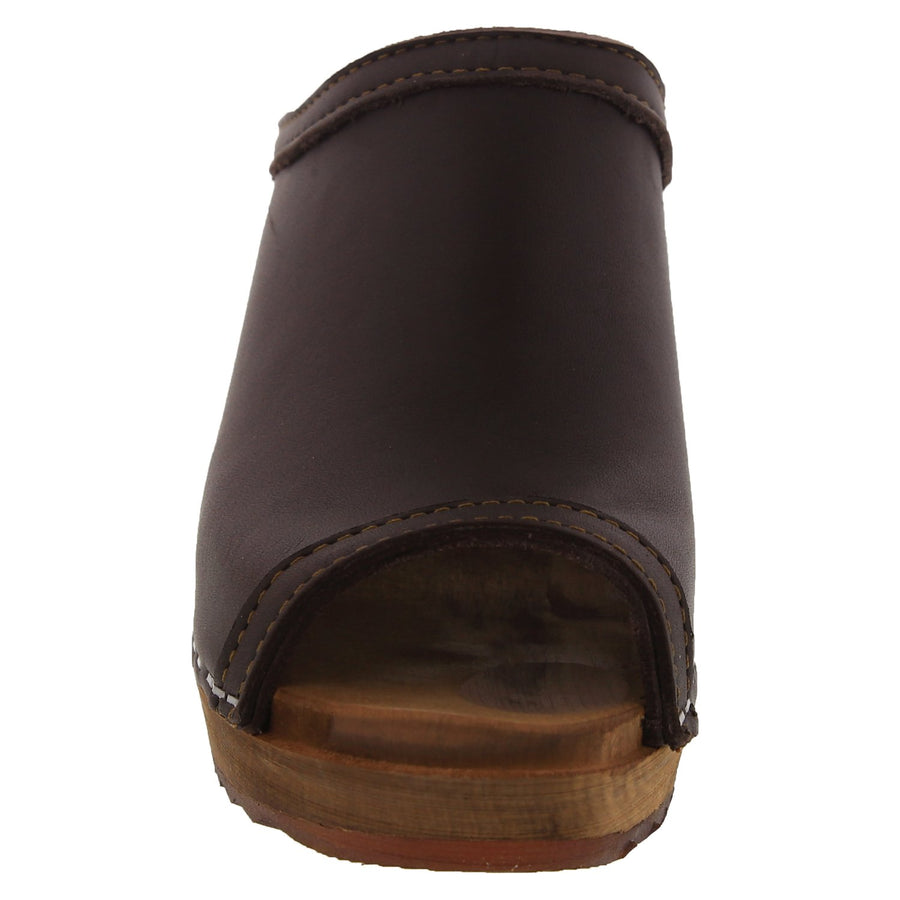 THALIA Swedish Wood Peep Toe Clogs in Brown Veg-Tan Leather