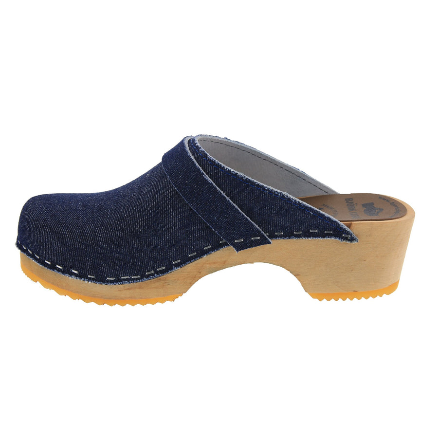 KAIA Swedish Low Heel Wooden Clog Mules in Denim Leather