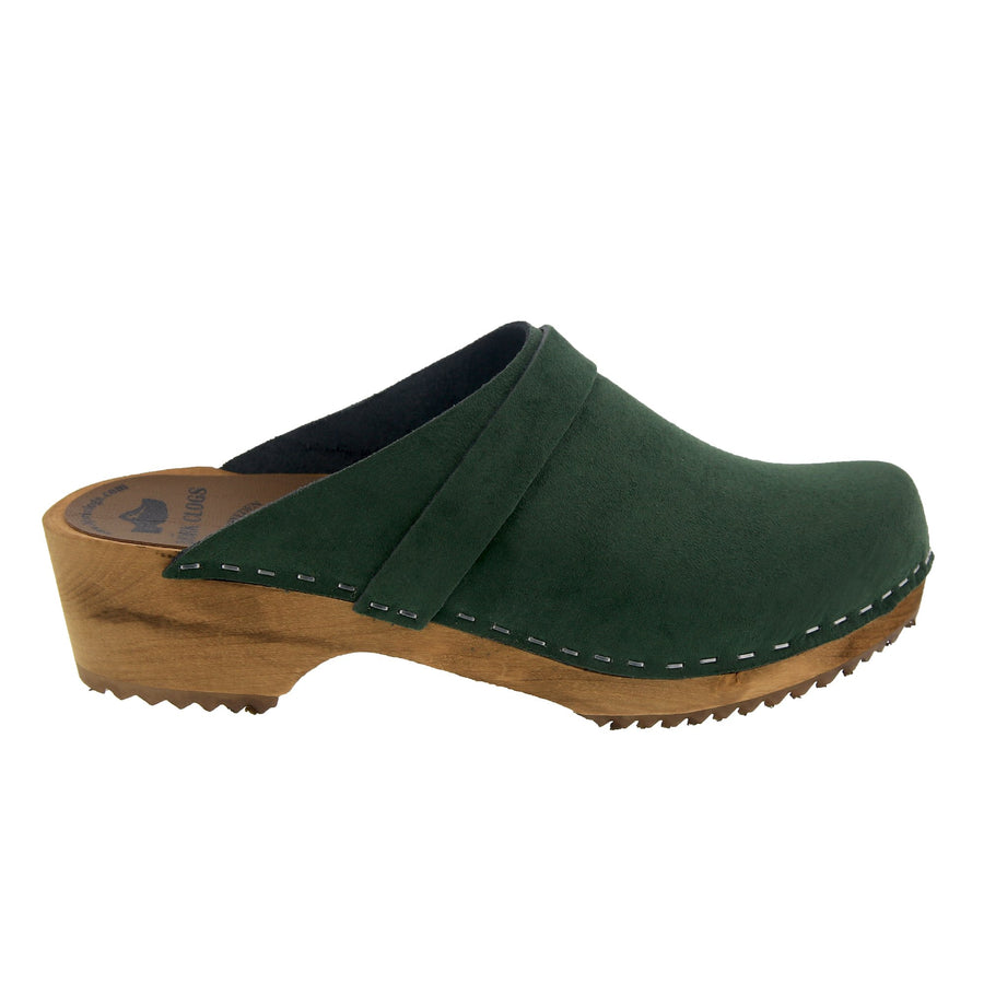 KAIA Swedish Low Heel Wooden Clog Mules in Forest Nubuck