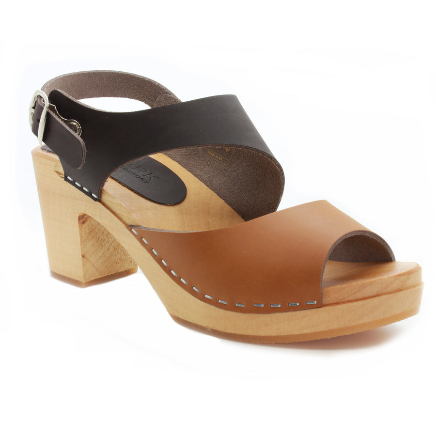 MARIE Swedish Wood Clog Sandals in Combi-Brown Oiled Leather