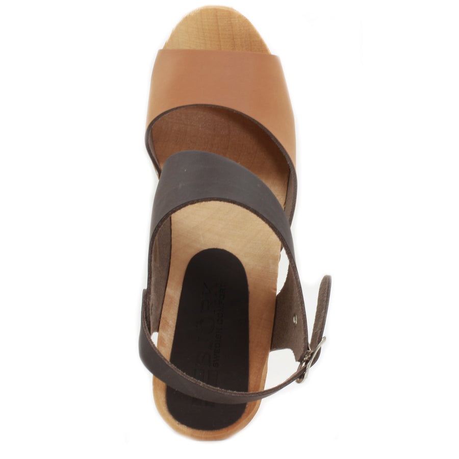 BJORK BJORK MARIE Swedish Wood Clog Sandals in Combi-Brown Oiled Leather