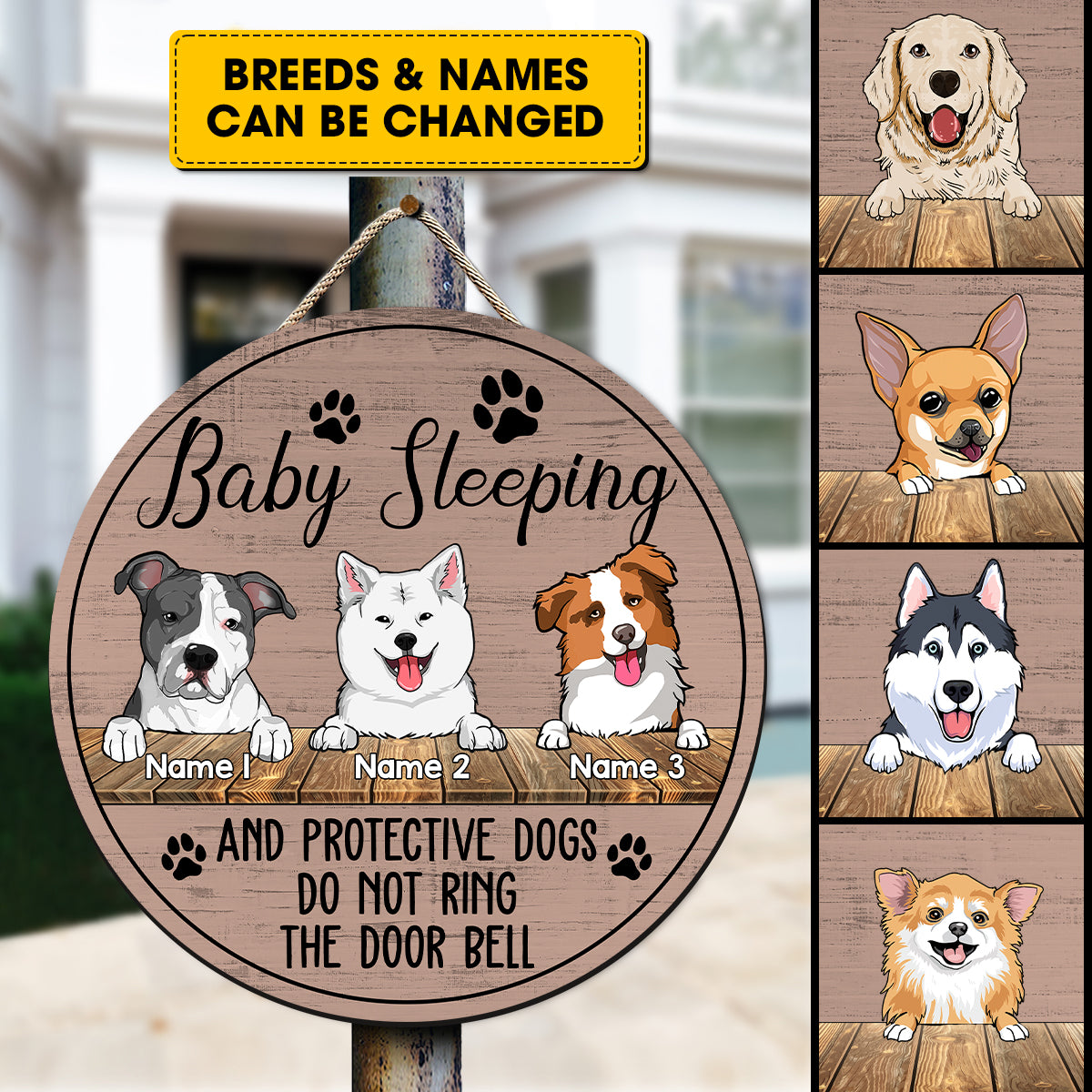 Angmile Hanging Door Sign Shhh Sleeping Baby & Noisy Dog Do Not Disturb Baby Sleeping Sign Wood Decorative Sign 