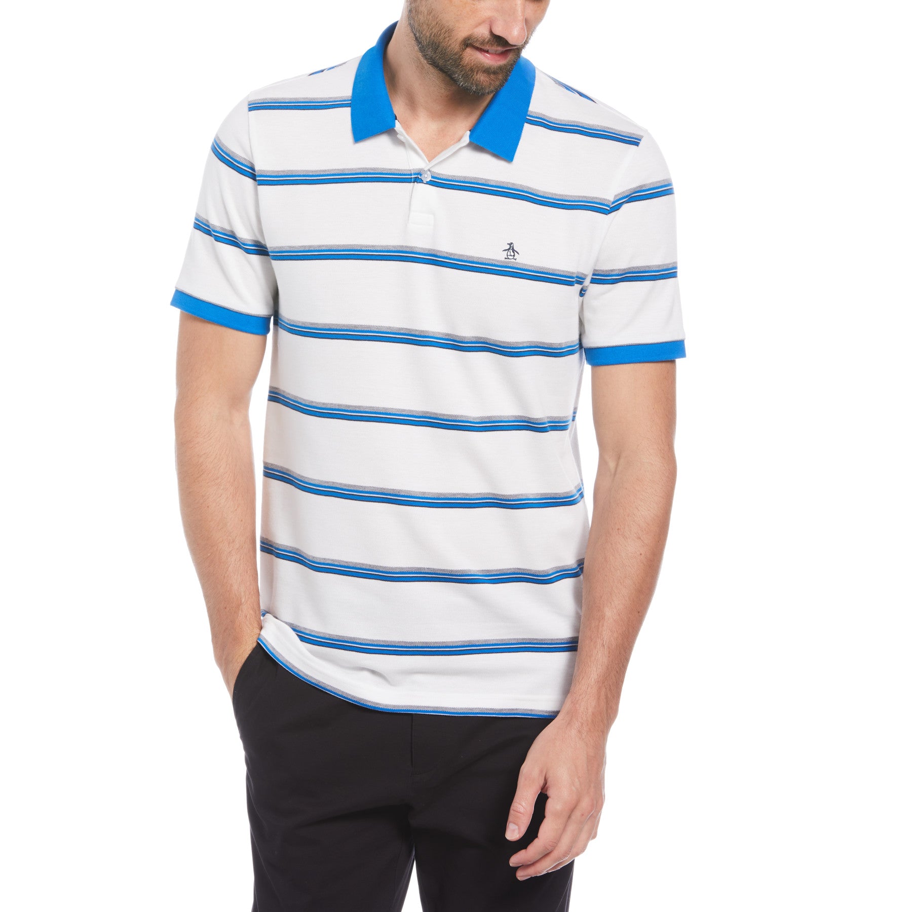 Birdseye Pique Striped Pattern Polo Shirt In Bright White