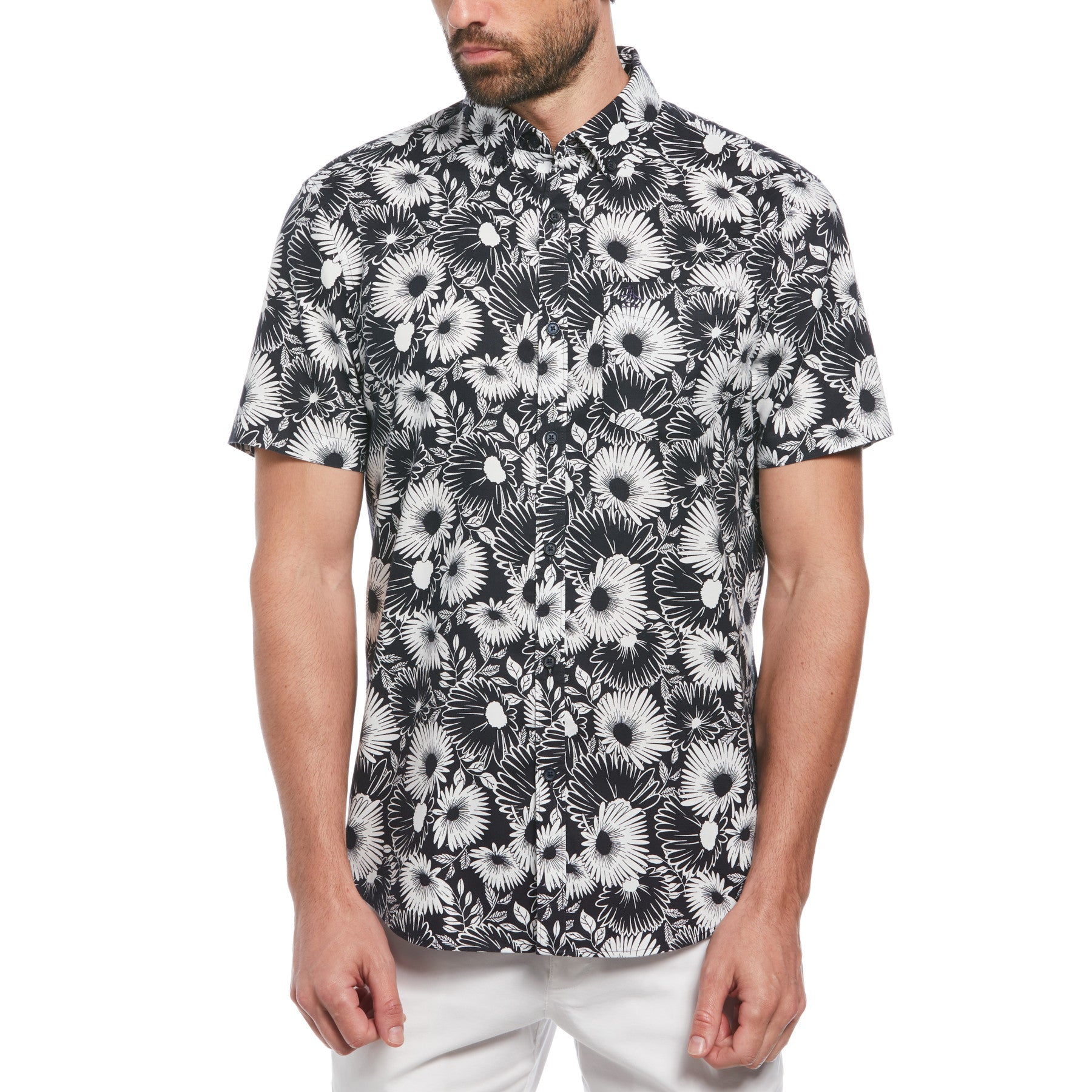 Ecovero Floral Print Short Sleeve Button-Down Shirt In Dark Sapphire