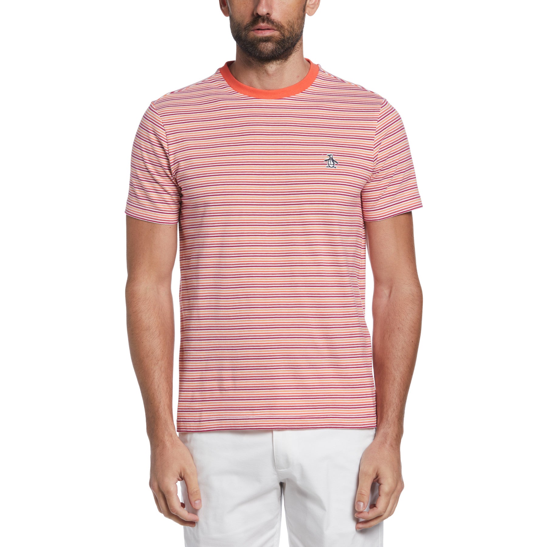 Auto Stripe Cotton Slub Short Sleeve T-Shirt In Hot Coral | Outlet