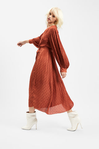 The Fallen Polka Dot Pleated Rust Maxi Dress