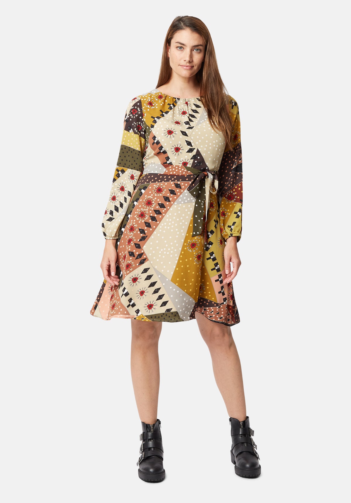 Long Sleeve Mini Cusp Dress in Patchwork Print