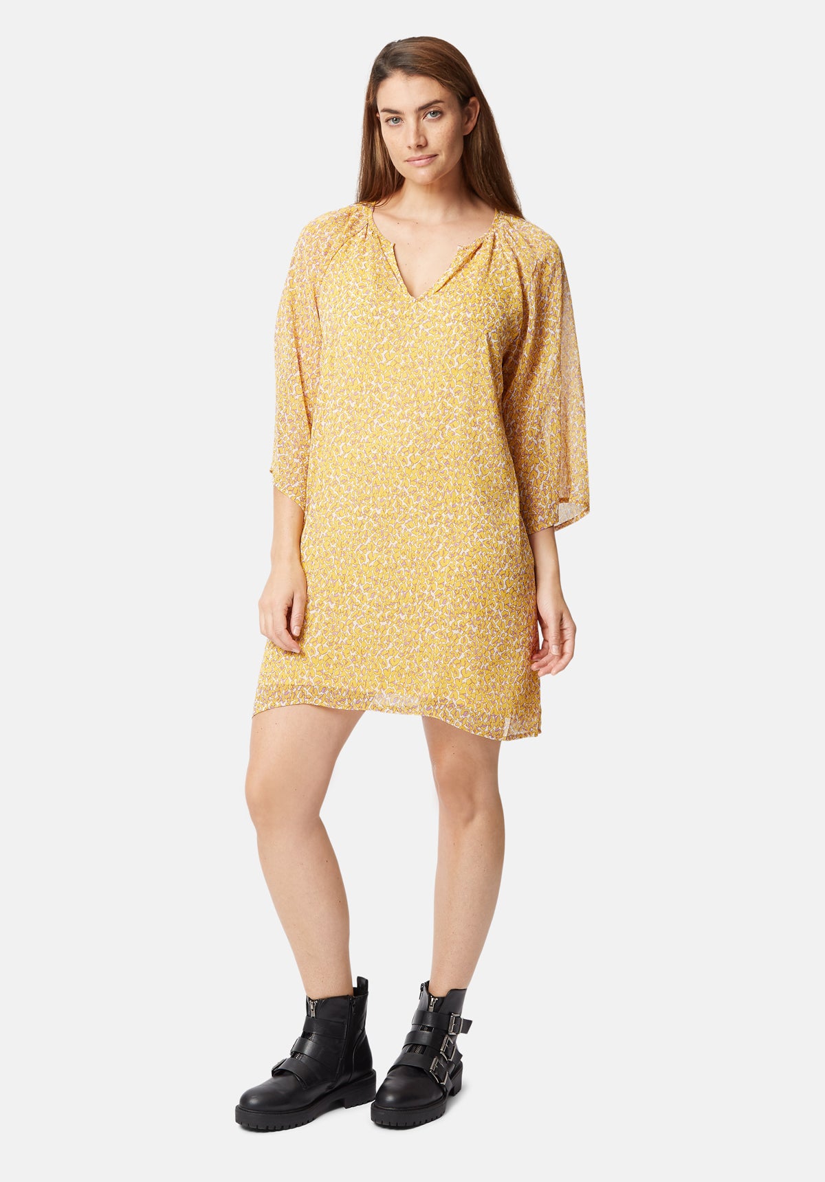 Moments Long Sleeve Animal Print Dress in Yellow