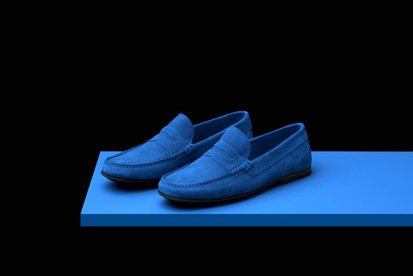 blue suede driving loafers