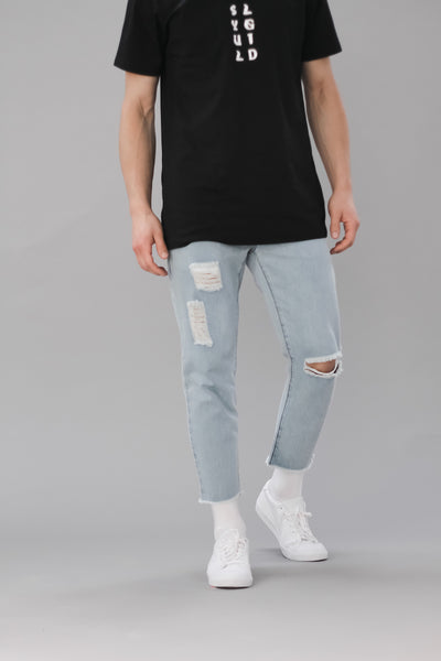 Light blue washed ripped 3/4 jeans