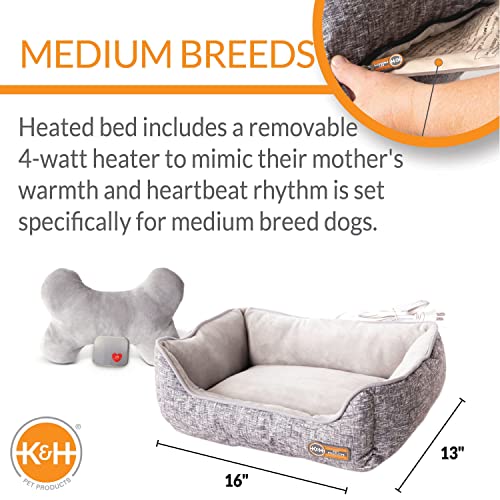 Mother's Heartbeat Heated Dog Bed with Bone Pillow Puppy Toy Gray 11 X 13 Inches