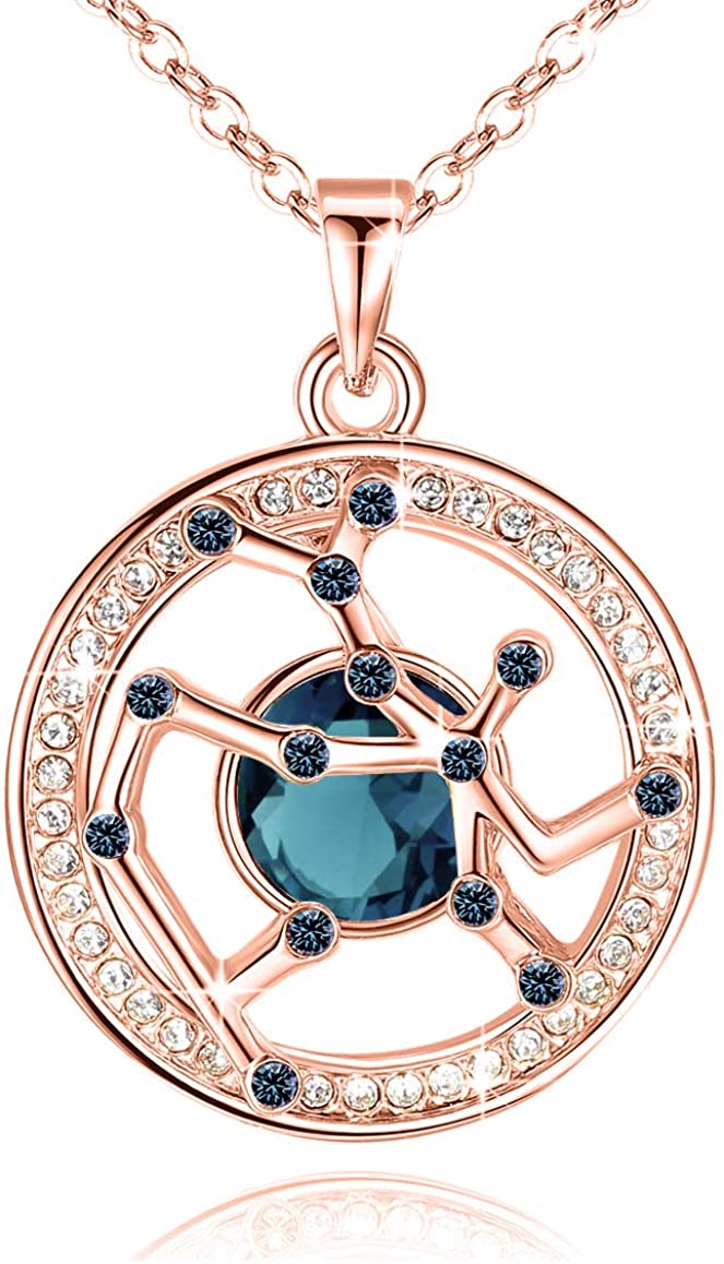 "Superstar Zodiac Constellation Pendant Necklace Made with Premium Crystal Horoscope Jewelry, Gold or Rose Gold Plated, 18"+ 2"