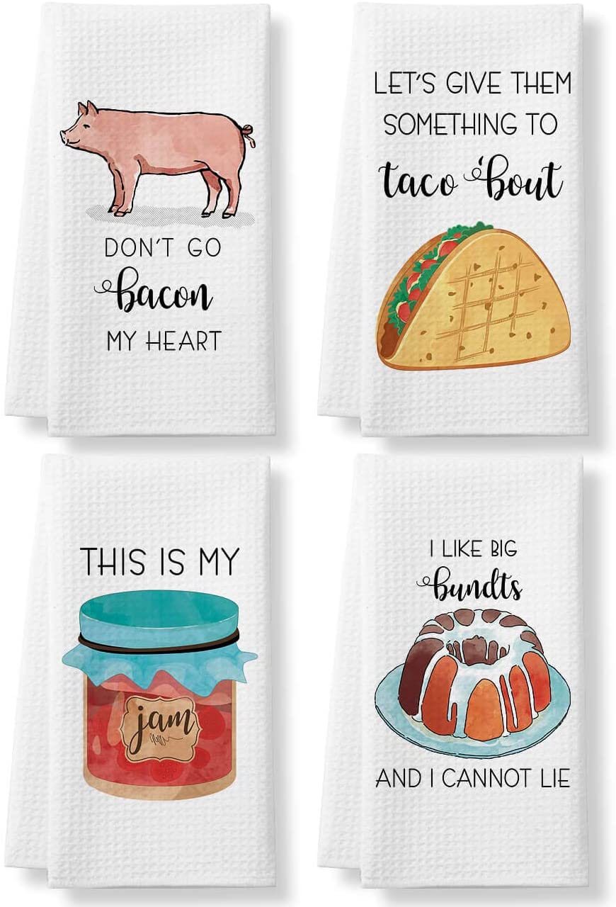 KLL Funny Kitchen Towels - Funny Dish Towels Set of 4- Housewarming Gifts - Kitchen Decor, Gifts for Mom, Hostess Gifts, Wedding Shower Gifts - Waffle