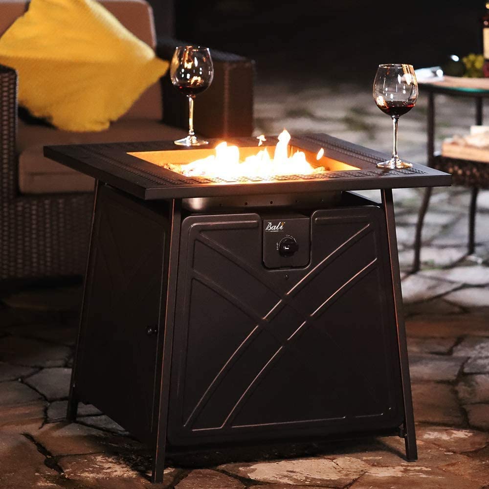 BALI OUTDOORS Gas Fire Pit Table, 28 inch 50,000 BTU Square Outdoor Propane Fire Pit Table with Lid and Blue Fire Glass