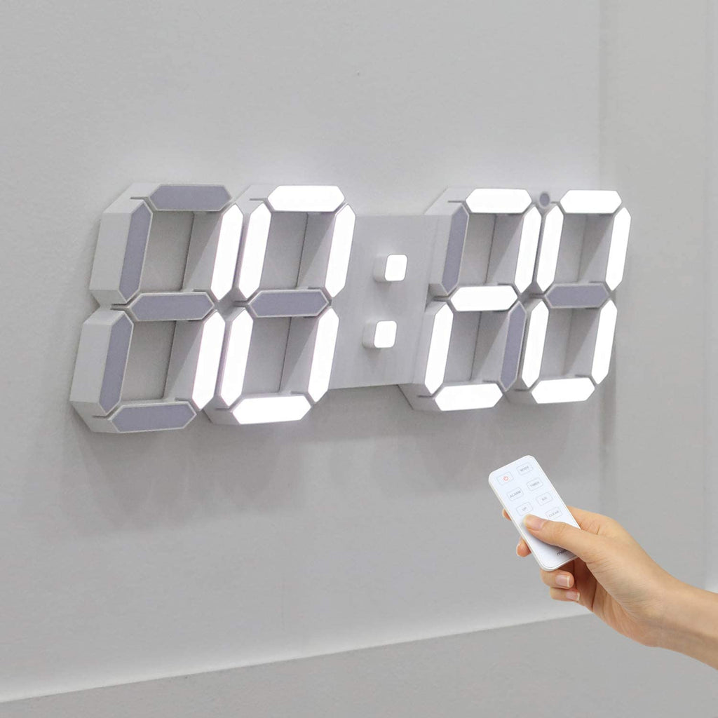 mooas 3D LED Wall Clock Big Plus White with Remote Control, 15 inch LED Clock, Modern Wall Clock, 12/24 Time/Date Display Alarm Clock, Brightness Adju
