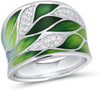 925 Sterling Silver Bamboo Leaves Ring White Cubic Zirconia Handmade Enamel Leaf Rings