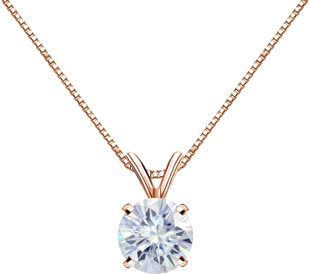 1/2 Carat Round Moissanite Solitaire Pendant Necklace in 14k Gold (H-I, cttw) 4-Prong 16 to 18 Inch Adjustable Chain Spring Ring