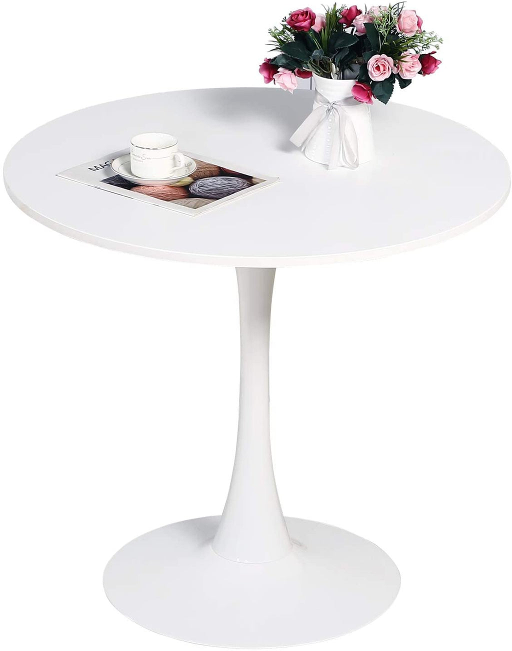 Dining Table 32" Mid-Century Modern Round Dining Table Coffee Table with Round Top and Pedestal Base in White